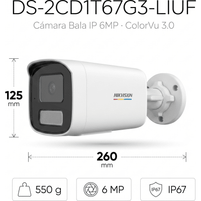 HIKVISION - [ColorVu 3.0 + MD 3.0] Bala IP 6 Megapixel / Lente 4 mm / 50 mts IR + 50 mts Luz Blanca / Micrófono Integrado / Motion Detection 3.0 / Exterior IP67 / WDR 120 dB / PoE / Micro SD