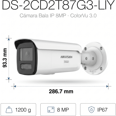 HIKVISION - [Dual Light + ColorVu 3.0 + HikAI] Bala IP 8 Megapixel / Lente 4 mm / 60 mts IR + Luz Blanca / Exterior IP67 / WDR 130 dB / ACUSENSE 3.0 / Metal / NEMA 4X / ACUSEEK