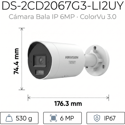 HIKVISION - [Dual Light + ColorVu 3.0 + HikAI] Bala IP 6 Megapixel / Lente 2.8 mm / 40 mts IR + Luz Blanca / 2 Microfonos Integrados / Exterior IP67 / WDR 130 dB / ACUSENSE 3.0 / Metal / NEMA 4X / ACUSEEK