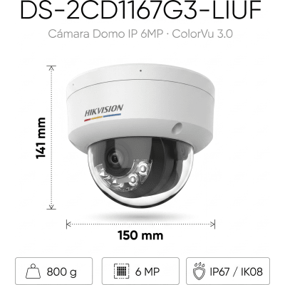 HIKVISION - [ColorVu 3.0 + MD 3.0] Domo IP 6 Megapixel / Lente 2.8 mm / 30 mts IR + 30 mts Luz Blanca / Micrófono Integrado / Motion Detection 3.0 / Exterior IP67 / IK08 / dWDR / PoE / Micro SD