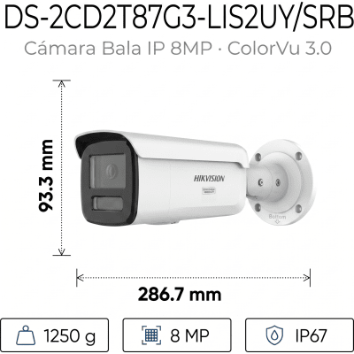 HIKVISION - [Dual Light + ColorVu 3.0 + HikAI] Bala IP 8 Megapixel / Lente 4 mm / 60 mts IR + Luz Blanca / Exterior IP67 / Estrobo Azul y Rojo / WDR 130 dB / ACUSENSE 3.0 / Metal / NEMA 4X / ACUSEEK