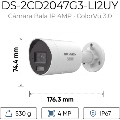HIKVISION - [Dual Light + ColorVu 3.0 + HikAI] Bala IP 4 Megapixel / Lente 2.8 mm / 40 mts IR + Luz Blanca / 2 Microfonos Integrados / Exterior IP67 / WDR 130 dB / ACUSENSE 3.0 / Metal / NEMA 4X / ACUSEEK