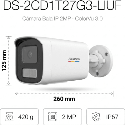 HIKVISION - [ColorVu 3.0 + MD 3.0] Bala IP 2 Megapixel / Lente 4 mm / 50 mts IR + 50 mts Luz Blanca / Micrófono Integrado / Motion Detection 3.0 / Exterior IP67 / dWDR / PoE / Micro SD