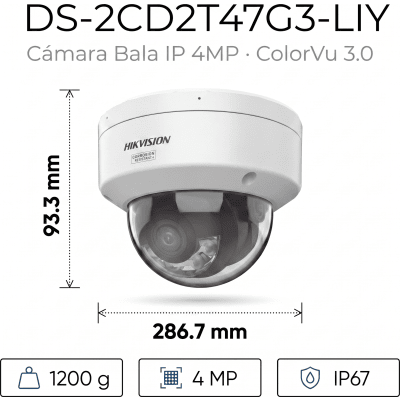 HIKVISION - [Dual Light + ColorVu 3.0 + HikAI] Bala IP 4 Megapixel / Lente 4 mm / 60 mts IR + Luz Blanca / Exterior IP67 / WDR 130 dB / ACUSENSE 3.0 / Metal / NEMA 4X / ACUSEEK