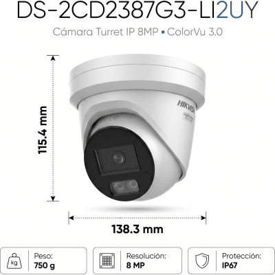 HIKVISION - [Dual Light + ColorVu 3.0 + HikAI] Turret IP 8 Megapixel / Lente 2.8 mm / 30 mts IR + Luz Blanca / 2 Microfonos Integrados / Exterior IP67 / WDR 130 dB / ACUSENSE 3.0 / Metal / NEMA 4X / ACUSEEK