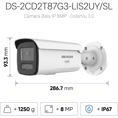 HIKVISION - [Dual Light + ColorVu 3.0 + HikAI] Bala IP 8 Megapixel / Lente 4 mm / 60 mts IR + Luz Blanca / Exterior IP67 / Estrobo Luz Blanca / WDR 130 dB / ACUSENSE 3.0 / Metal / NEMA 4X / ACUSEEK