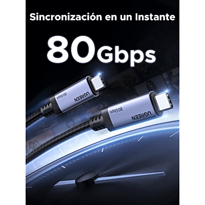UGREEN - Cable USB-C Thunderbolt 5 / 80 Gbps Bidireccional / 120 Gbps Unidireccional / 1 m (3.28 ft) / 24 Pines / E-Marker IP2133H / 5A Máximo / Aluminio + Cobre Blindado