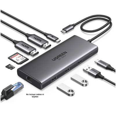 UGREEN - Docking Station USB-C Hub 10 en 1 UGREEN Revodok Pro 210 / Dual HDMI 4K 60Hz y 8K 30Hz / 3 Puertos USB-A + USB-C 3.0 / Carga PD 100W / Ethernet Gigabit 1000M / Lector Tarjetas SD y TF / Compatible Windows y macOS
