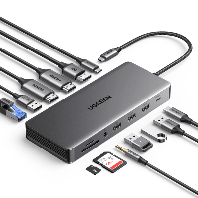 UGREEN - Docking Station USB-C 12 en 1 / 2 HDMI 4K@60Hz + DisplayPort 4K@60Hz / 6 Puertos USB (3.2 y 3.0) / Gigabit Ethernet / Lector SD/TF / Audio 3.5mm / PD 100W / Compatibilidad Multiplataforma