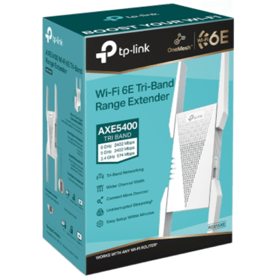 TP-LINK - Extensor Wi-Fi 6E / Tri-Banda AXE5400 / 5400 Mbps / Canal 160 MHz / 4 Antenas Externas / Puerto Gigabit