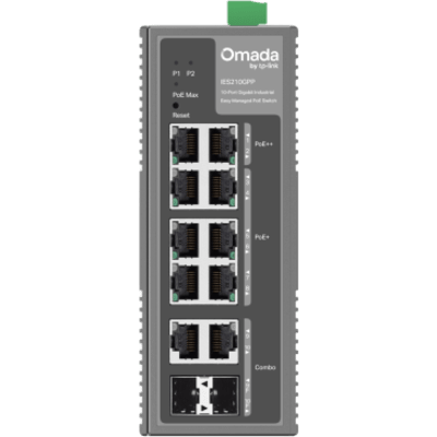 TP-LINK - Switch Industrial PoE / 10 Puertos Gigabit / 2× PoE++ 802.3bt (Hasta 60 W) + 6× PoE+ 802.3at/af / 2× Combo RJ45/SFP Gigabit / Presupuesto PoE 240 W / Alimentación Redundante 1+1 DC 12-57V / Carcasa de Aluminio IP40 Fanless / Prote
