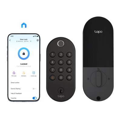 TP-LINK - Cerradura Inteligente Wi-Fi / Deadbolt / 6 Métodos Desbloqueo / Reconocimiento Huella <0.5s / 100 Huellas + 200 PINs / BHMA Grado 3 / IP54 Exterior / Batería 7800 mAh / Alexa-Google-SmartThings