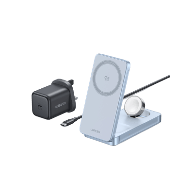 UGREEN - Cargador Inalámbrico Magnético 3-en-1 / 15W Máx / Carga Simultánea Teléfono-Reloj-Auriculares / Soporte Ajustable / Qi / Entrada 12V