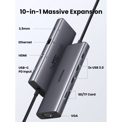 UGREEN - Hub USB-C 10 en 1 / HDMI 4K@30Hz + VGA 1920x1200 / 3x USB 3.0 5Gbps / Ethernet Gigabit / SD/TF Card Reader / PD 100W / Audio 3.5mm / Doble Pantalla Simultánea / Plug & Play Universal