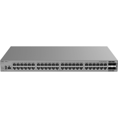 RUIJIE - Switch Gigabit PoE+ 48 Puertos / 4 Puertos SFP+ 10GE / Capacidad de Conmutación 176 Gbps / Tasa de Reenvío 130.944 Mpps / PoE 370 W / Capa 3 / VSU / Ventilación Forzada / 1 RU / Línea Cybrey