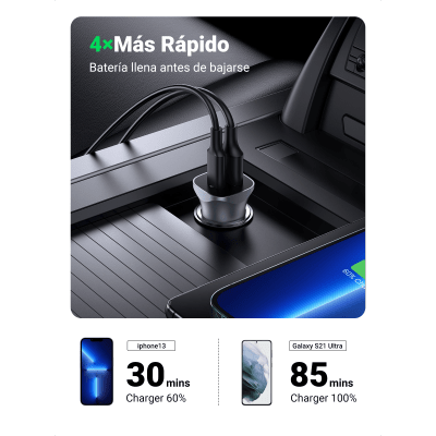 UGREEN - Cargador de Auto / 24W / USB-A + USB-C / PD3.0 + QC3.0 / 12-24 VCD / Aleación de Aluminio