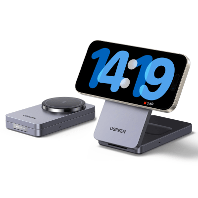 UGREEN - Cargador Inalámbrico 2 en 1 20W / Tecnología Qi2 15W Certificada / Carga Simultánea iPhone y AirPods / Ángulo Ajustable 70° / Diseño Plegable y Portátil / Compatibilidad Universal