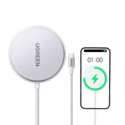 UGREEN - Cargador Inalámbrico Magnético 15W / Protocolo Qi 2 / USB-C 9V 2.2A / Eficiencia 83% / Protección Multinivel / Material PC+ABS+Aleación Aluminio / Cable 1.5m