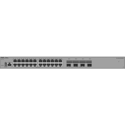 RUIJIE - Switch Ethernet de Acceso 1000 Mbps / 24 Puertos RJ45 10/100/1000BASE-T / 4 Puertos SFP+ 1GE/2.5GE/10GE / Capacidad 128 Gbps / Enrutamiento Layer 3 / VSU / Diseño Sin Ventilador / 1 RU / Línea Cybrey