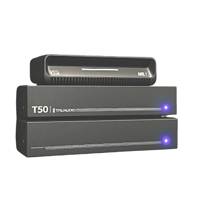 TRUAUDIO - KIT Amplificador T50 y Streamer de Audio Modular MS.1 | PoE + USB-C | HDMI eARC + Óptica + RCA | Bluetooth LE Audio | WiFi | Control4-Crestron-Elan-RTI-URC-Savant-Lutron | AirPlay2-GoogleCast-SpotifyConnect