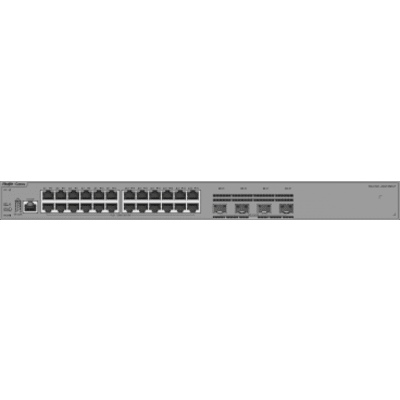 RUIJIE - Switch de Acceso Capa 3 / 24 Puertos Gigabit PoE+ / 4 Puertos SFP 2.5GE / 370W PoE / VSU / OSPF / RIP / Protección contra Sobretensiones 10kV / Ventilador Fijo / Línea Cybrey