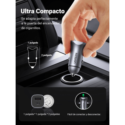 UGREEN - Cargador de Auto / 24W / USB-A + USB-C / PD3.0 + QC3.0 / 12-24 VCD / Aleación de Aluminio