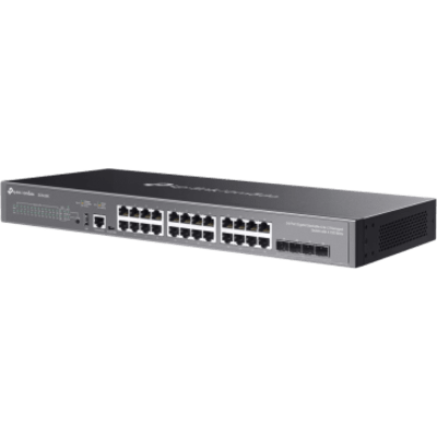 TP-LINK - Switch Gestionado Lite L3 Apilable / 24 Puertos Gigabit RJ45 / 4 Ranuras SFP+ 10G / Capacidad de Conmutación 128 Gbps / Stacking Físico hasta 4 Unidades / L3: RIP, OSPF, VRRP, Enrutamiento Estático, DHCP Server/Relay / Seguridad: ACL,