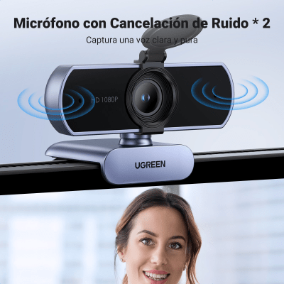 UGREEN - Cámara Web / Full HD 1080p@30FPS / Micrófonos Duales con Cancelación de Ruido / Ángulo de Visión 85° / Rotación 360° Horizontal