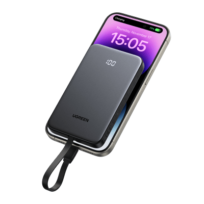 UGREEN - Power Bank 10000mAh con Cable Integrado 20W / Puerto USB-C PD3.0 PPS / Puerto USB-A SCP 22.5W / Batería Polímero Litio / Protecciones Múltiples / Indicador Digital / Material V-0