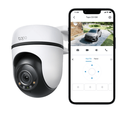 TP-LINK - Cámara de Seguridad PTZ Exterior Wi-Fi / 2K 3 Megapixel (2304×1296) / 360° Panorámica Horizontal + 130° Vertical / Seguimiento Inteligente de Movimiento / Visión Nocturna a Color / IP65 / Compatible Alexa y Google Home