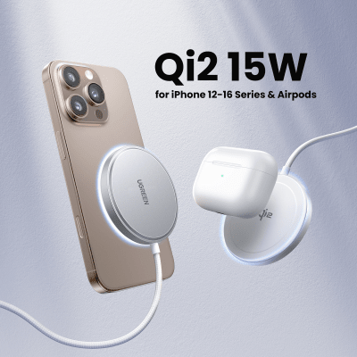 UGREEN - Cargador Inalámbrico Magnético 15W / Protocolo Qi 2 / USB-C 9V 2.2A / Eficiencia 83% / Protección Multinivel / Material PC+ABS+Aleación Aluminio / Cable 1.5m