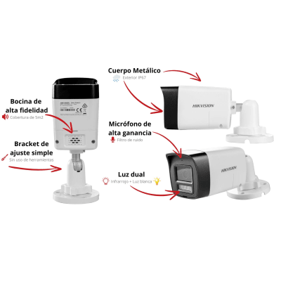 HIKVISION - [Audio Bidireccional + Dual Light + ColorVu] Bala TURBOHD 3K  (5 Megapixel) / Lente 2.8 mm Angulo de vision 112° / 30 mts IR EXIR + 20 mts Luz Blanca / Micrófono y Bocina Integrado / Exterior IP67 / Metal / dWDR