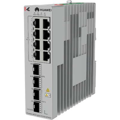 HUAWEI - Switch Industrial eKit / 8 Puertos PoE+ Gigabit + 2 SFP + 2 SFP+ / Montaje en Riel DIN / Fuente Redundante 1+1 : 54 a 57 VCD / Libre de licenciamiento / Gestión gratuita desde la Nube / Presupuesto PoE 220 W