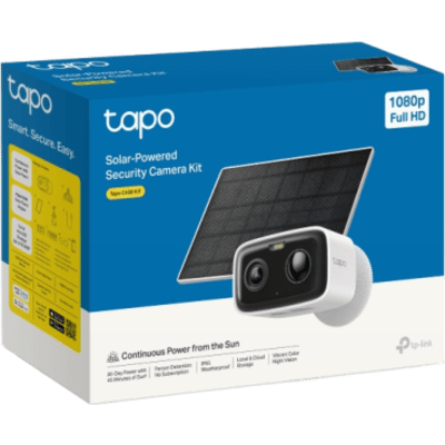 TP-LINK - Kit Cámara de Seguridad Solar / 1080P Full HD / Batería Recargable 5,200 mAh / Autonomía 180 Días / Panel Solar con Cable 1 m (3.28 ft) / Visión Nocturna a Color / Detección de Personas por IA / Sirena 70 dBA / IP