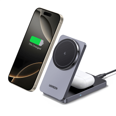 UGREEN - Cargador Inalámbrico 2 en 1 20W / Tecnología Qi2 15W Certificada / Carga Simultánea iPhone y AirPods / Ángulo Ajustable 70° / Diseño Plegable y Portátil / Compatibilidad Universal