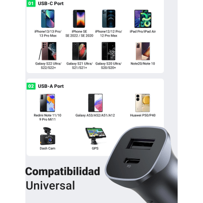 UGREEN - Cargador de Auto / 24W / USB-A + USB-C / PD3.0 + QC3.0 / 12-24 VCD / Aleación de Aluminio