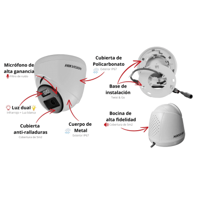 HIKVISION - [Audio Bidireccional + Dual Light + ColorVu] Turret TURBOHD 3k (5 Megapixel) / Lente 2.8 mm / 40 mts IR EXIR + 40 mts Luz Blanca / Micrófono y Bocina Integrado / Exterior IP67 / dWDR