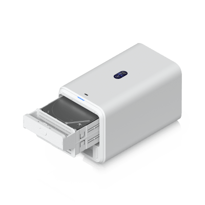 UBIQUITI - NAS Compacto de Escritorio / 2 Bahías 3.5" SATA / Puerto 2.5 GbE / USB-C 5 Gbps / PoE++ 60 W / Pantalla LCD 1.47"