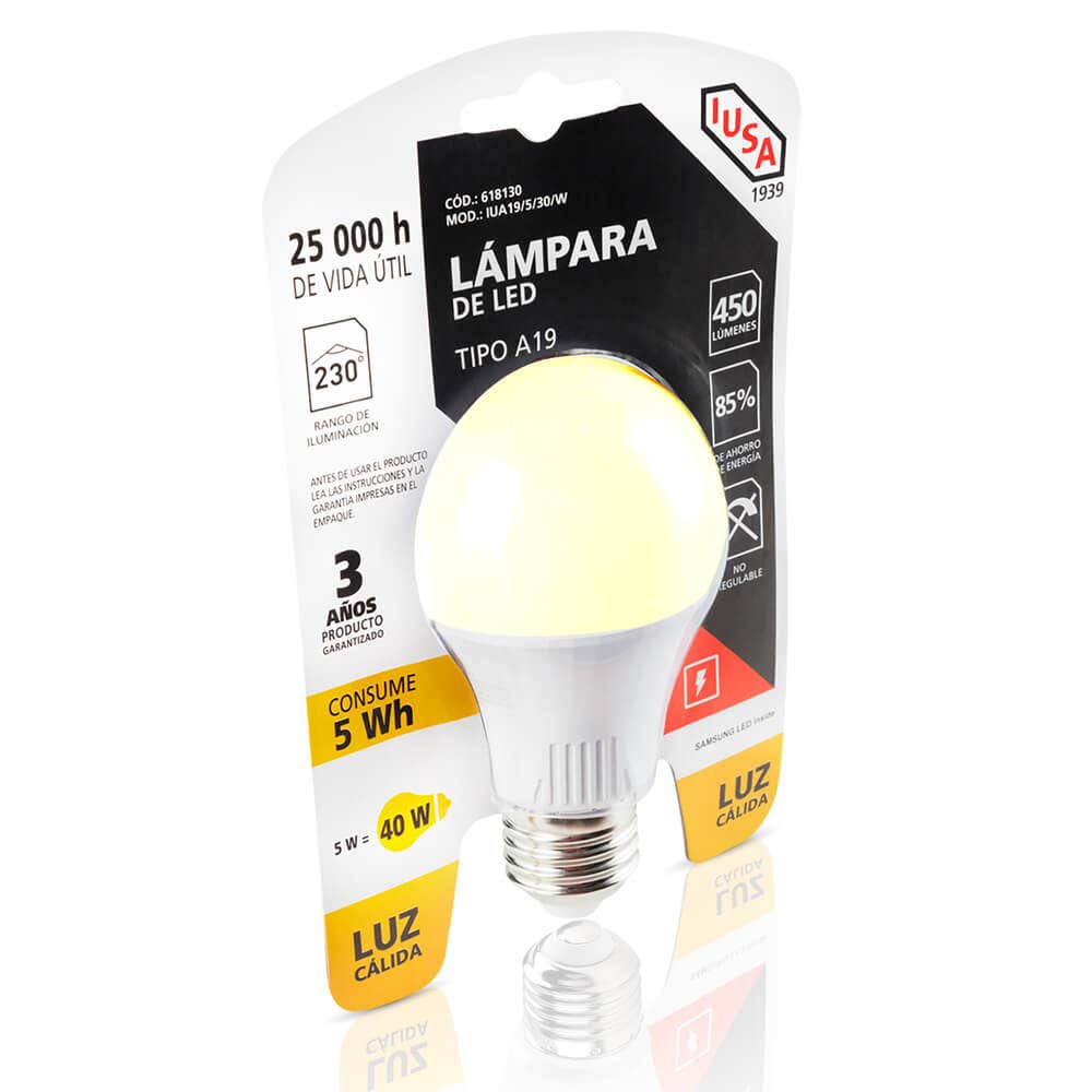 IUSA - Foco LED A19 en blister, luz cálida 5 W, IUSA