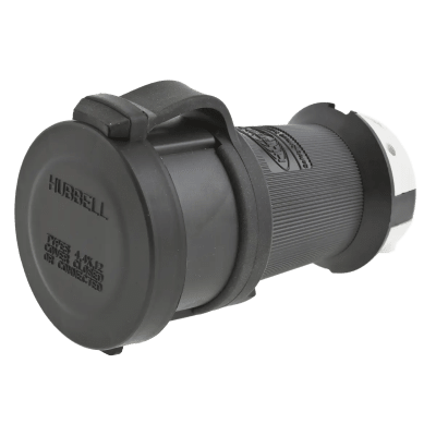 HUBBELL - Conector Hembra con Bloqueo de Media Vuelta / 30 A 480 V CA / 3 Polos Trifásico / NEMA L16-30R / Terminal de Tornillo / Cubierta Hermética Negra / Color Blanco y Negro.