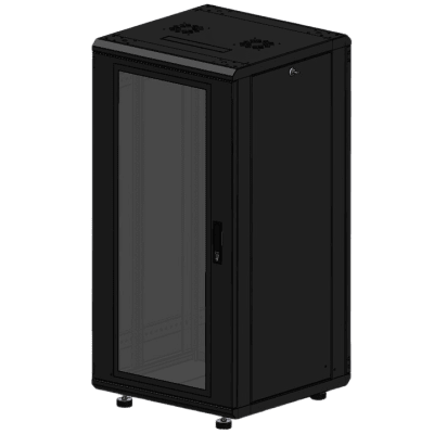 LINKEDPRO - Gabinete Rackeable 19 Pulgadas / 24 Unidades / Piso / Puerta de Cristal / Acero Calibres 16-18-20 / Capacidad 750 Kg / Dimensiones 600x605x1190 mm (23.6x23.8x46.9 in) / Ventilación 120 mm / Cerradura