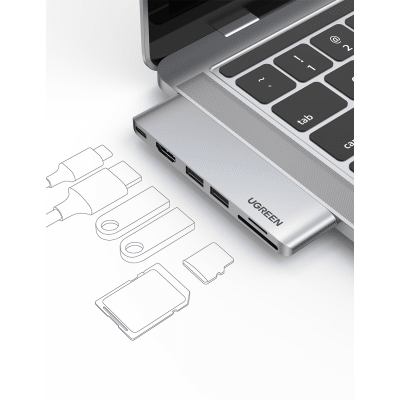 UGREEN - Hub USB-C 6 en 1 / 2xUSB-A 3.0 (5Gbps) / HDMI 4K@30Hz / Puerto PD 100W / Lector SD+MicroSD / Aluminio / Compatible Thunderbolt 3 / Compacto 110x29x8.5mm