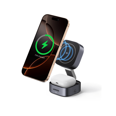 UGREEN - Cargador Inalámbrico 2 en 1 25W / Tecnología Magnética Qi 2 / 15W para Teléfono + 5W para Auriculares / Puerto USB-C 5W / Protecciones Múltiples / Cable USB-C Incluido