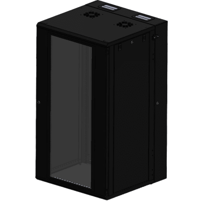 LINKEDPRO - Gabinete Rackeable 24 UR / 19 Pulgadas / Puerta de Cristal / Acero Calibres 18 y 22 / Montaje en Pared / Capacidad de Carga 80 Kg / Pintura Electroestática Negra / Abatible 120° / Laterales Removibles