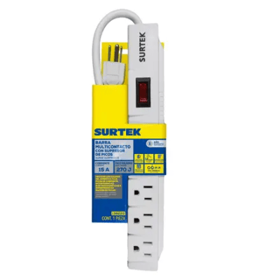 SURTEK - Multicontacto con Supresor de Picos 450 Joules, Voltaje de Entrada: 127 Vca NEMA 5-15P, Con 6 Salidas NEMA 5-15R.