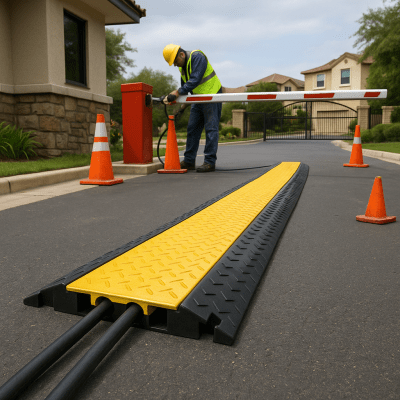 ACCESSPRO - Protector de Cable de 5 Canales / Base de Goma y Tapa de Plástico / Capacidad 4.6 Toneladas / Canal 38x35MM / Longitud 90 cm / Amarillo y Negro