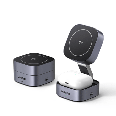 UGREEN - Cargador Inalámbrico 2 en 1 25W / Tecnología Magnética Qi 2 / 15W para Teléfono + 5W para Auriculares / Puerto USB-C 5W / Protecciones Múltiples / Cable USB-C Incluido