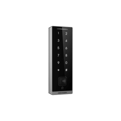 HIKVISION - Teclado Esclavo con Lector de Tarjetas Virtuales Bluetooth y Códigos QR / Tarjetas MIFARE y PROX EM / Contraseñas / RS-485 Wiegand OSDP / Frecuencias 13.56 MHz y 125 KHz / Autenticación Tarjeta PIN QR Bluetooth / Táctil
