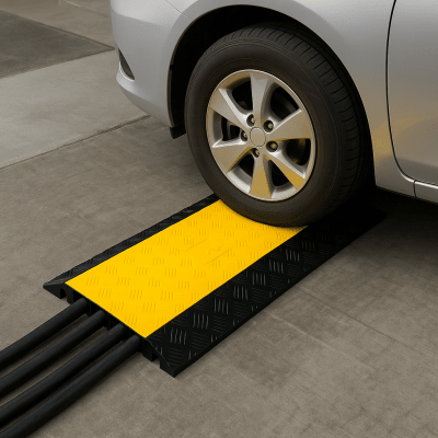 ACCESSPRO - Protector de Cable de 3 Canales / Base de Goma y Tapa de Plástico / Tamaño del Canal 56x55MM / Capacidad de Carga 6.1 Toneladas / Longitud 90 cm / Ancho del Contorno 50 cm / Altura 7.5 cm / Color Amarillo-Negro / Material Hule