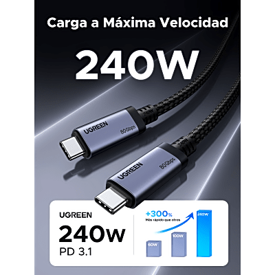 UGREEN - Cable USB-C Thunderbolt 5 / 80 Gbps Bidireccional / 120 Gbps Unidireccional / 1 m (3.28 ft) / 24 Pines / E-Marker IP2133H / 5A Máximo / Aluminio + Cobre Blindado